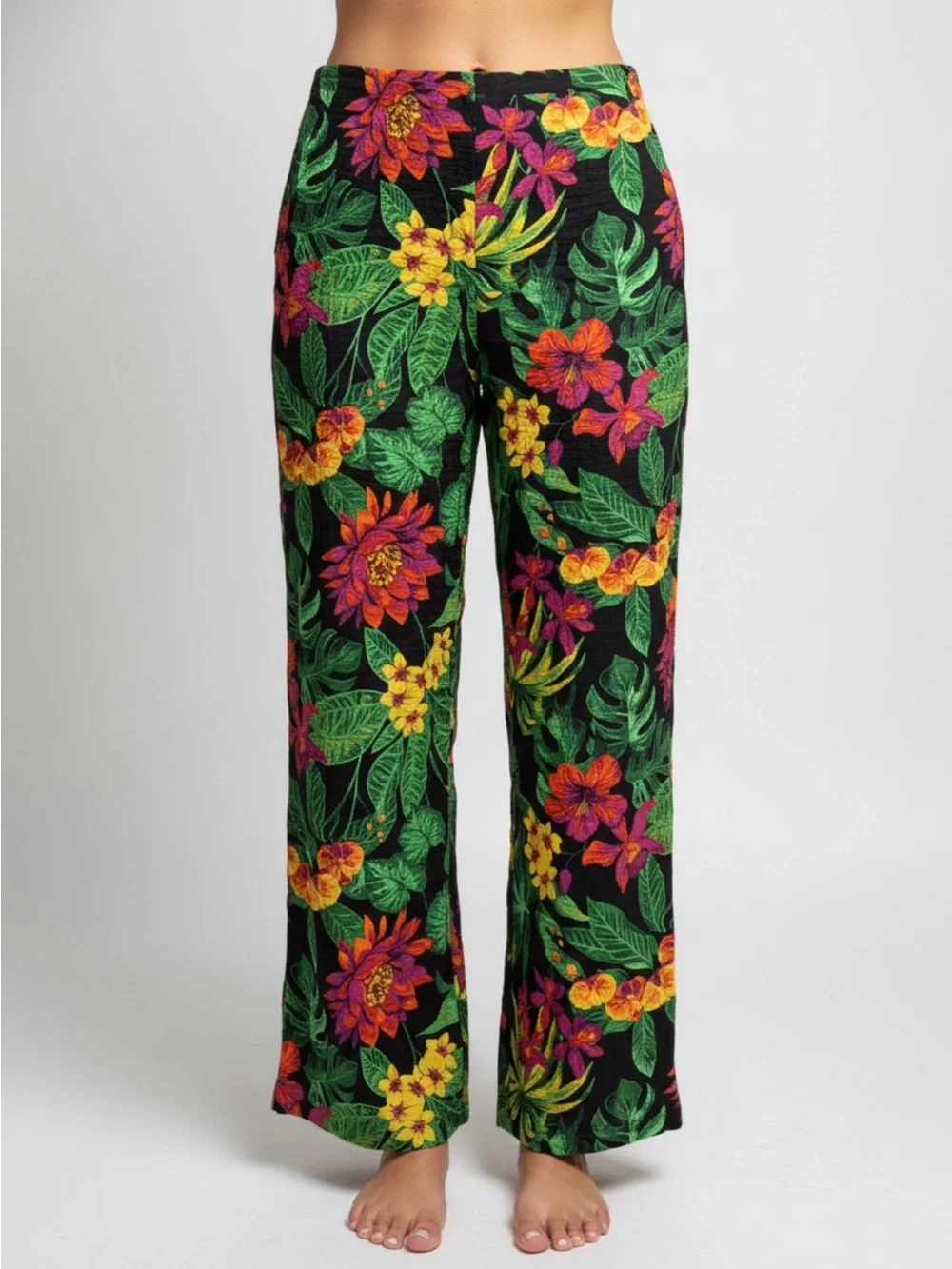 Panama Jack Tropical Floral Wide-Leg Pants & Kimono - Black, Green, Yellow, Pink - Picture 3 of 13
